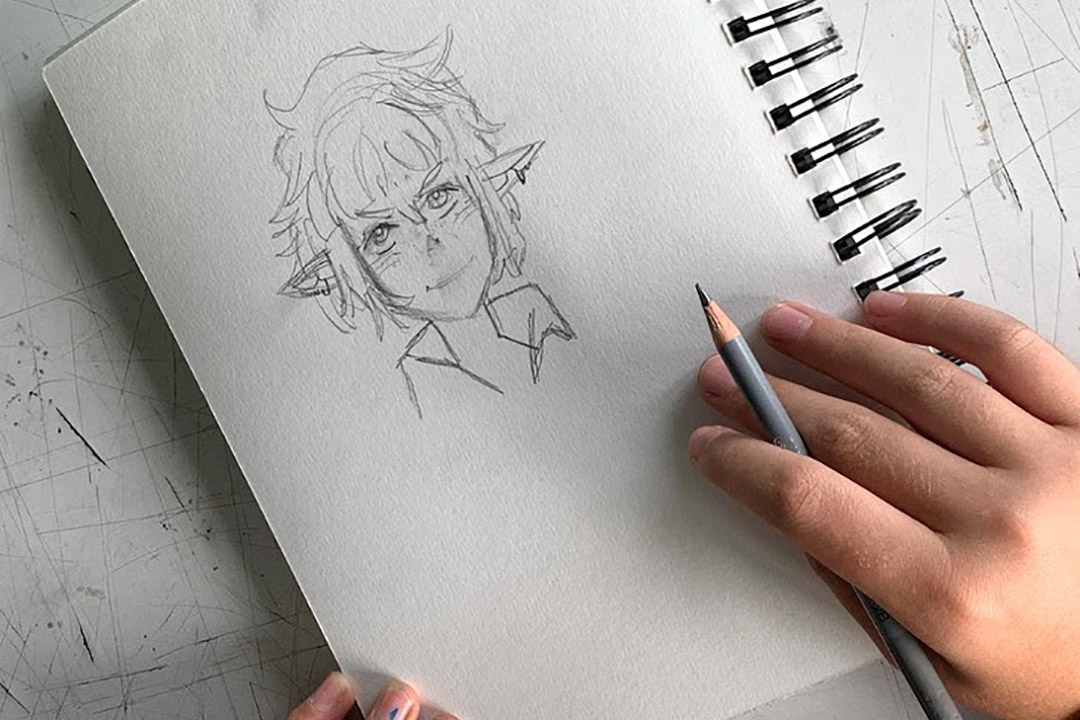 Pencil drawing, hand holding pencil